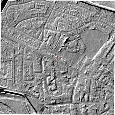 Shaded relief map of the ground around NG103BZ, computed from Environment Agency LiDAR. The ground here sits at about 31 m above sea level and falls 11 m across the surrounding 800 m. Surface water reaching this point runs off ground lying to the west-north-west, 1.2 m higher.