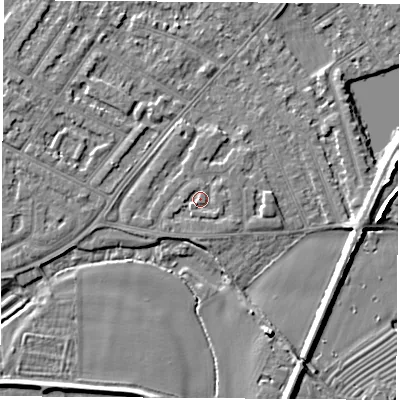Shaded relief map of the ground around NG103DB, computed from Environment Agency LiDAR. The ground here sits at about 31 m above sea level and falls 7 m across the surrounding 800 m. Surface water reaching this point runs off ground lying to the south-east, 0.7 m higher.