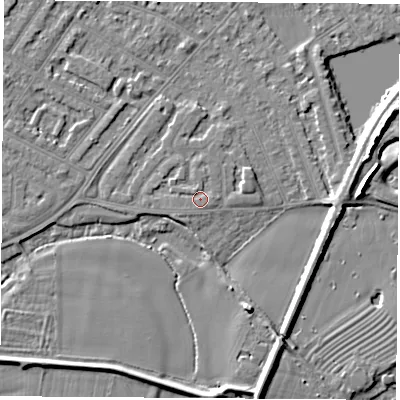 Shaded relief map of the ground around NG103DD, computed from Environment Agency LiDAR. The ground here sits at about 31 m above sea level and falls 7 m across the surrounding 800 m. Surface water reaching this point runs off ground lying to the north-west, 0.7 m higher.