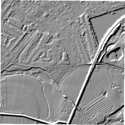 Shaded relief map of the ground around NG103DE, computed from Environment Agency LiDAR. The ground here sits at about 31 m above sea level and falls 7 m across the surrounding 800 m. Surface water reaching this point runs off ground lying to the north-north-east, 1.6 m higher.