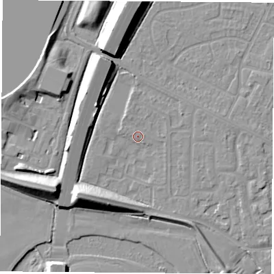 Shaded relief map of the ground around NG103DF, computed from Environment Agency LiDAR. The ground here sits at about 32 m above sea level and falls 12 m across the surrounding 800 m. Surface water reaching this point runs off ground lying to the south-west, 10.2 m higher.