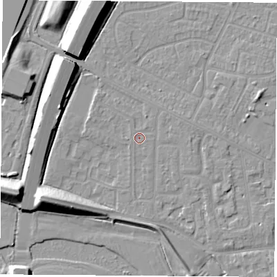 Shaded relief map of the ground around NG103DG, computed from Environment Agency LiDAR. The ground here sits at about 31 m above sea level and falls 12 m across the surrounding 800 m. Surface water reaching this point runs off ground lying to the west-south-west, 10.1 m higher.