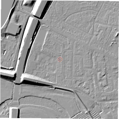 Shaded relief map of the ground around NG103DH, computed from Environment Agency LiDAR. The ground here sits at about 32 m above sea level and falls 12 m across the surrounding 800 m. Surface water reaching this point runs off ground lying to the west-south-west, 10.2 m higher.