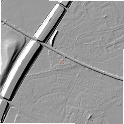 Shaded relief map of the ground around NG103DJ, computed from Environment Agency LiDAR. The ground here sits at about 32 m above sea level and falls 11 m across the surrounding 800 m. Surface water reaching this point runs off ground lying to the east-north-east, 2.5 m higher.