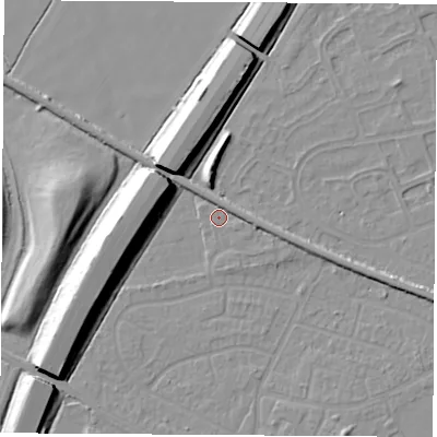 Shaded relief map of the ground around NG103DL, computed from Environment Agency LiDAR. The ground here sits at about 32 m above sea level and falls 11 m across the surrounding 800 m. Surface water reaching this point runs off ground lying to the east, 2.3 m higher.