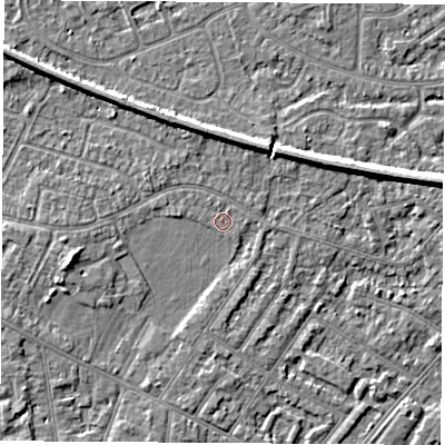Shaded relief map of the ground around NG103DP, computed from Environment Agency LiDAR. The ground here sits at about 31 m above sea level and falls 5 m across the surrounding 800 m. Surface water reaching this point runs off ground lying to the west-south-west, 3.0 m higher.