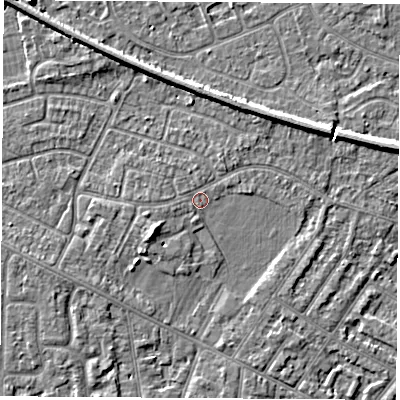 Shaded relief map of the ground around NG103DQ, computed from Environment Agency LiDAR. The ground here sits at about 31 m above sea level and falls 5 m across the surrounding 800 m. The ground contributing surface water to this point lies to the north-north-west.