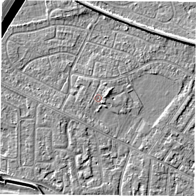 Shaded relief map of the ground around NG103DR, computed from Environment Agency LiDAR. The ground here sits at about 31 m above sea level and falls 11 m across the surrounding 800 m. Surface water reaching this point runs off ground lying to the east-north-east, 2.0 m higher.