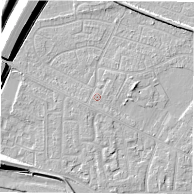 Shaded relief map of the ground around NG103DT, computed from Environment Agency LiDAR. The ground here sits at about 32 m above sea level and falls 12 m across the surrounding 800 m. Surface water reaching this point runs off ground lying to the south-west, 0.8 m higher.