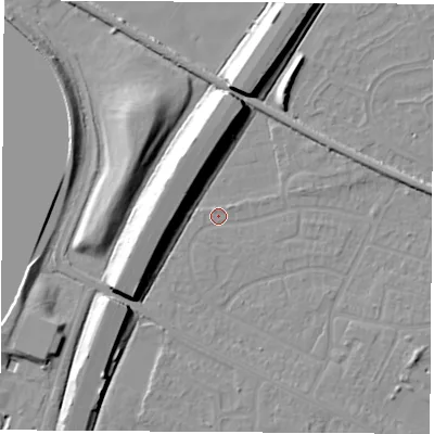 Shaded relief map of the ground around NG103DU, computed from Environment Agency LiDAR. The ground here sits at about 31 m above sea level and falls 11 m across the surrounding 800 m. Surface water reaching this point runs off ground lying to the west-south-west, 0.8 m higher.