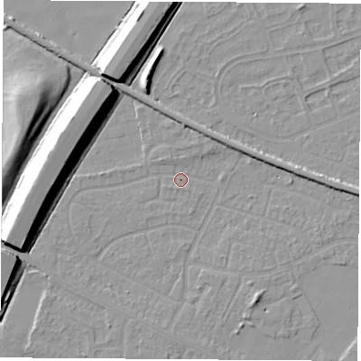 Shaded relief map of the ground around NG103DW, computed from Environment Agency LiDAR. The ground here sits at about 31 m above sea level and falls 11 m across the surrounding 800 m. Surface water reaching this point runs off ground lying to the west-north-west, 10.6 m higher.
