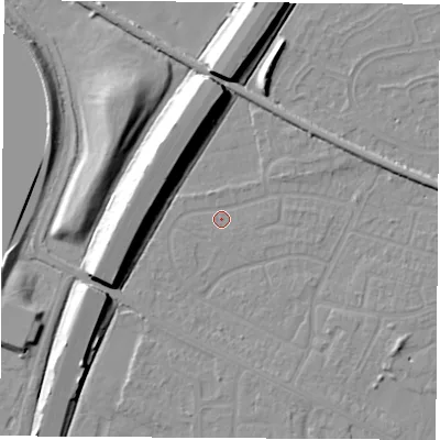Shaded relief map of the ground around NG103DX, computed from Environment Agency LiDAR. The ground here sits at about 31 m above sea level and falls 11 m across the surrounding 800 m. Surface water reaching this point runs off ground lying to the north-north-west, 1.0 m higher.