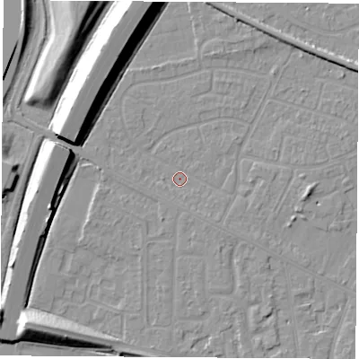 Shaded relief map of the ground around NG103DY, computed from Environment Agency LiDAR. The ground here sits at about 31 m above sea level and falls 11 m across the surrounding 800 m. Surface water reaching this point runs off ground lying to the south-east, 1.1 m higher.