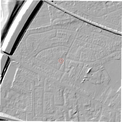 Shaded relief map of the ground around NG103DZ, computed from Environment Agency LiDAR. The ground here sits at about 31 m above sea level and falls 11 m across the surrounding 800 m. Surface water reaching this point runs off ground lying to the south, 0.6 m higher.