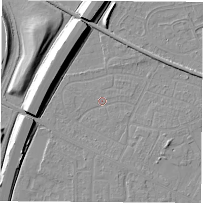 Shaded relief map of the ground around NG103EB, computed from Environment Agency LiDAR. The ground here sits at about 31 m above sea level and falls 11 m across the surrounding 800 m. Surface water reaching this point runs off ground lying to the west-south-west, 1.2 m higher.