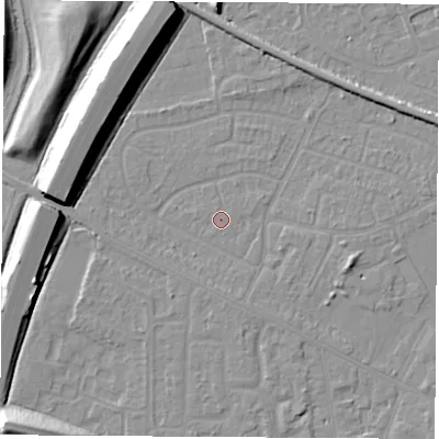 Shaded relief map of the ground around NG103ED, computed from Environment Agency LiDAR. The ground here sits at about 31 m above sea level and falls 11 m across the surrounding 800 m. The ground contributing surface water to this point lies to the south-south-west.