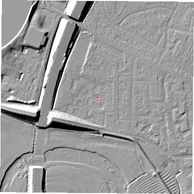 Shaded relief map of the ground around NG103EE, computed from Environment Agency LiDAR. The ground here sits at about 31 m above sea level and falls 12 m across the surrounding 800 m. Surface water reaching this point runs off ground lying to the south-west, 8.1 m higher.