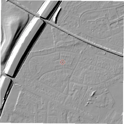 Shaded relief map of the ground around NG103EG, computed from Environment Agency LiDAR. The ground here sits at about 31 m above sea level and falls 11 m across the surrounding 800 m. Surface water reaching this point runs off ground lying to the north-north-east, 0.6 m higher.