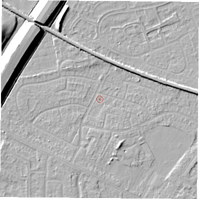Shaded relief map of the ground around NG103EH, computed from Environment Agency LiDAR. The ground here sits at about 31 m above sea level and falls 11 m across the surrounding 800 m. Surface water reaching this point runs off ground lying to the south-south-east, 2.2 m higher.