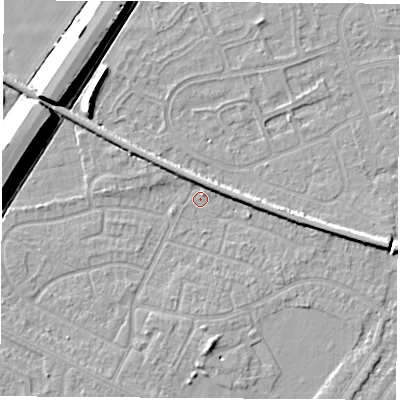 Shaded relief map of the ground around NG103EJ, computed from Environment Agency LiDAR. The ground here sits at about 31 m above sea level and falls 11 m across the surrounding 800 m. Surface water reaching this point runs off ground lying to the north-north-west, 3.4 m higher.