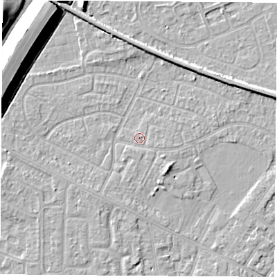 Shaded relief map of the ground around NG103EL, computed from Environment Agency LiDAR. The ground here sits at about 31 m above sea level and falls 11 m across the surrounding 800 m. Surface water reaching this point runs off ground lying to the south-south-west, 0.7 m higher.