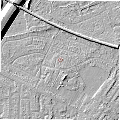 Shaded relief map of the ground around NG103EN, computed from Environment Agency LiDAR. The ground here sits at about 31 m above sea level and falls 11 m across the surrounding 800 m. Surface water reaching this point runs off ground lying to the south, 0.7 m higher.