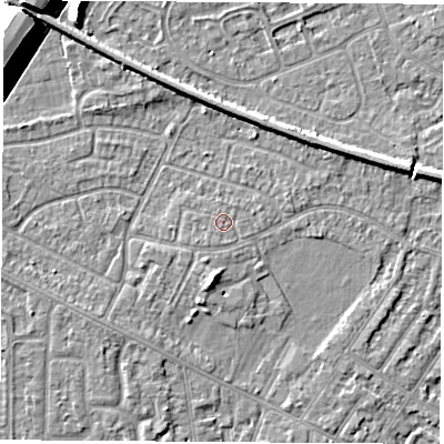 Shaded relief map of the ground around NG103EP, computed from Environment Agency LiDAR. The ground here sits at about 32 m above sea level and falls 10 m across the surrounding 800 m. Surface water reaching this point runs off ground lying to the south-south-west, 1.1 m higher.