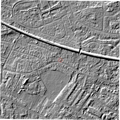 Shaded relief map of the ground around NG103EQ, computed from Environment Agency LiDAR. The ground here sits at about 31 m above sea level and falls 5 m across the surrounding 800 m. Surface water reaching this point runs off ground lying to the west-north-west, 0.7 m higher.