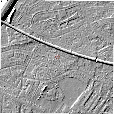 Shaded relief map of the ground around NG103ES, computed from Environment Agency LiDAR. The ground here sits at about 31 m above sea level and falls 10 m across the surrounding 800 m. Surface water reaching this point runs off ground lying to the east, 3.1 m higher.