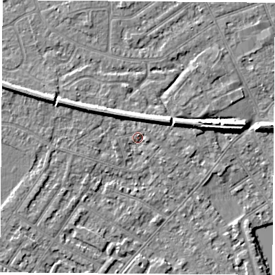 Shaded relief map of the ground around NG103ET, computed from Environment Agency LiDAR. The ground here sits at about 30 m above sea level and falls 7 m across the surrounding 800 m. Surface water reaching this point runs off ground lying to the north-east, 4.0 m higher.