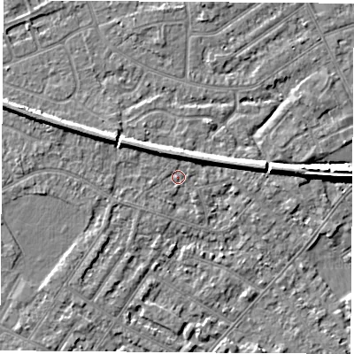 Shaded relief map of the ground around NG103EU, computed from Environment Agency LiDAR. The ground here sits at about 31 m above sea level and falls 6 m across the surrounding 800 m. Surface water reaching this point runs off ground lying to the north, 0.8 m higher.