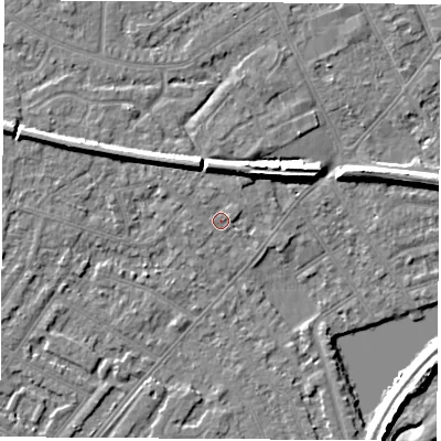 Shaded relief map of the ground around NG103EW, computed from Environment Agency LiDAR. The ground here sits at about 30 m above sea level and falls 7 m across the surrounding 800 m. Surface water reaching this point runs off ground lying to the north, 1.0 m higher.