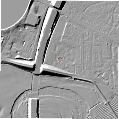 Shaded relief map of the ground around NG103EX, computed from Environment Agency LiDAR. The ground here sits at about 31 m above sea level and falls 12 m across the surrounding 800 m. Surface water reaching this point runs off ground lying to the west-south-west, 10.2 m higher.