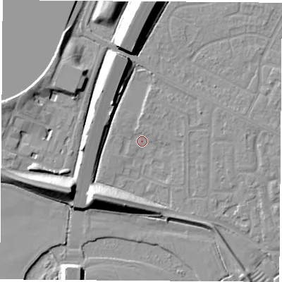 Shaded relief map of the ground around NG103EY, computed from Environment Agency LiDAR. The ground here sits at about 31 m above sea level and falls 12 m across the surrounding 800 m. Surface water reaching this point runs off ground lying to the south-west, 10.2 m higher.