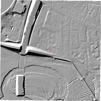 Shaded relief map of the ground around NG103EZ, computed from Environment Agency LiDAR. The ground here sits at about 31 m above sea level and falls 13 m across the surrounding 800 m. Surface water reaching this point runs off ground lying to the west-south-west, 5.2 m higher.