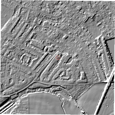 Shaded relief map of the ground around NG103FB, computed from Environment Agency LiDAR. The ground here sits at about 30 m above sea level and falls 5 m across the surrounding 800 m. Surface water reaching this point runs off ground lying to the north-north-east, 1.0 m higher.