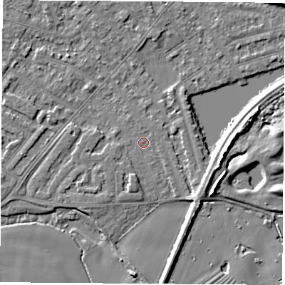 Shaded relief map of the ground around NG103FD, computed from Environment Agency LiDAR. The ground here sits at about 30 m above sea level and falls 7 m across the surrounding 800 m. Surface water reaching this point runs off ground lying to the south, 1.4 m higher.