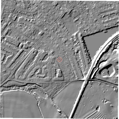 Shaded relief map of the ground around NG103FE, computed from Environment Agency LiDAR. The ground here sits at about 30 m above sea level and falls 7 m across the surrounding 800 m. Surface water reaching this point runs off ground lying to the south, 1.4 m higher.