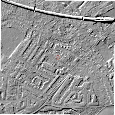 Shaded relief map of the ground around NG103FG, computed from Environment Agency LiDAR. The ground here sits at about 30 m above sea level and falls 7 m across the surrounding 800 m. Surface water reaching this point runs off ground lying to the west, 1.2 m higher.