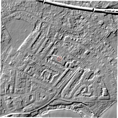 Shaded relief map of the ground around NG103FJ, computed from Environment Agency LiDAR. The ground here sits at about 31 m above sea level and falls 7 m across the surrounding 800 m. Surface water reaching this point runs off ground lying to the west-north-west, 1.0 m higher.