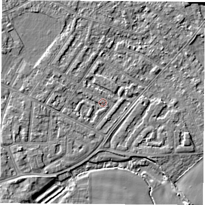 Shaded relief map of the ground around NG103FL, computed from Environment Agency LiDAR. The ground here sits at about 31 m above sea level and falls 6 m across the surrounding 800 m. Surface water reaching this point runs off ground lying to the west-south-west, 1.4 m higher.