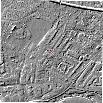 Shaded relief map of the ground around NG103FN, computed from Environment Agency LiDAR. The ground here sits at about 31 m above sea level and falls 6 m across the surrounding 800 m. Surface water reaching this point runs off ground lying to the south, 0.9 m higher.