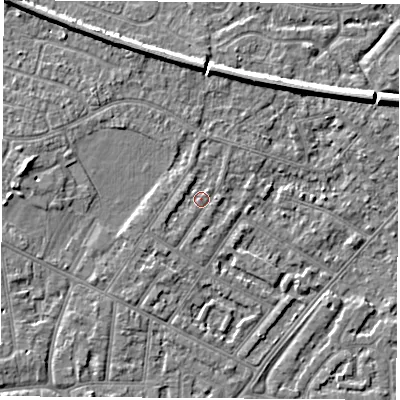 Shaded relief map of the ground around NG103FP, computed from Environment Agency LiDAR. The ground here sits at about 31 m above sea level and falls 5 m across the surrounding 800 m. Surface water reaching this point runs off ground lying to the west, 1.3 m higher.
