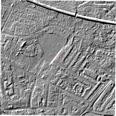 Shaded relief map of the ground around NG103FQ, computed from Environment Agency LiDAR. The ground here sits at about 31 m above sea level and falls 5 m across the surrounding 800 m. Surface water reaching this point runs off ground lying to the south, 1.1 m higher.