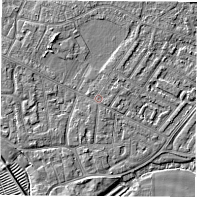 Shaded relief map of the ground around NG103FR, computed from Environment Agency LiDAR. The ground here sits at about 31 m above sea level and falls 5 m across the surrounding 800 m. Surface water reaching this point runs off ground lying to the east-north-east, 0.7 m higher.