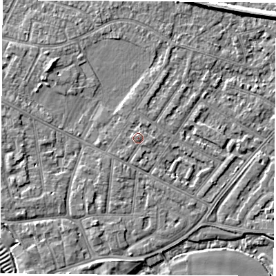 Shaded relief map of the ground around NG103FS, computed from Environment Agency LiDAR. The ground here sits at about 32 m above sea level and falls 6 m across the surrounding 800 m. Surface water reaching this point runs off ground lying to the west, 0.7 m higher.