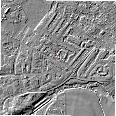 Shaded relief map of the ground around NG103FT, computed from Environment Agency LiDAR. The ground here sits at about 31 m above sea level and falls 5 m across the surrounding 800 m. Surface water reaching this point runs off ground lying to the east, 1.3 m higher.