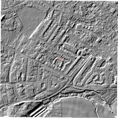 Shaded relief map of the ground around NG103FU, computed from Environment Agency LiDAR. The ground here sits at about 31 m above sea level and falls 5 m across the surrounding 800 m. Surface water reaching this point runs off ground lying to the west-south-west, 1.4 m higher.