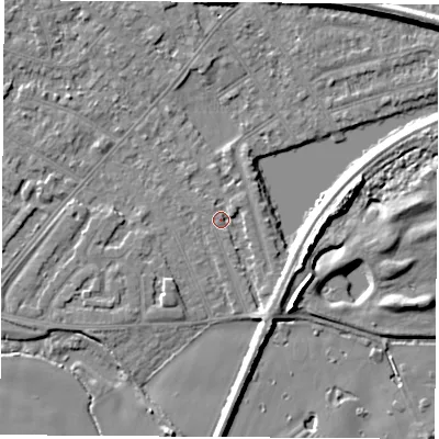 Shaded relief map of the ground around NG103FW, computed from Environment Agency LiDAR. The ground here sits at about 30 m above sea level and falls 7 m across the surrounding 800 m. Surface water reaching this point runs off ground lying to the south-east, 2.9 m higher.