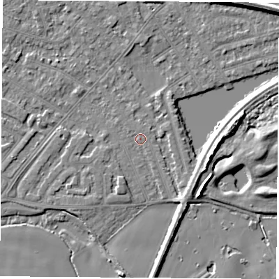 Shaded relief map of the ground around NG103FX, computed from Environment Agency LiDAR. The ground here sits at about 30 m above sea level and falls 7 m across the surrounding 800 m. Surface water reaching this point runs off ground lying to the north-west, 0.6 m higher.
